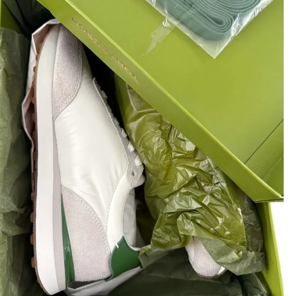 Tory Burch Women's White Pale Green Suede Destiny Sneakers Size 7